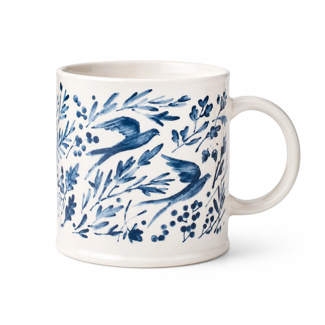 Keramiktasse 350 ml Weiß Blau mit Vogelmotiv - Becher für Heißgetränke