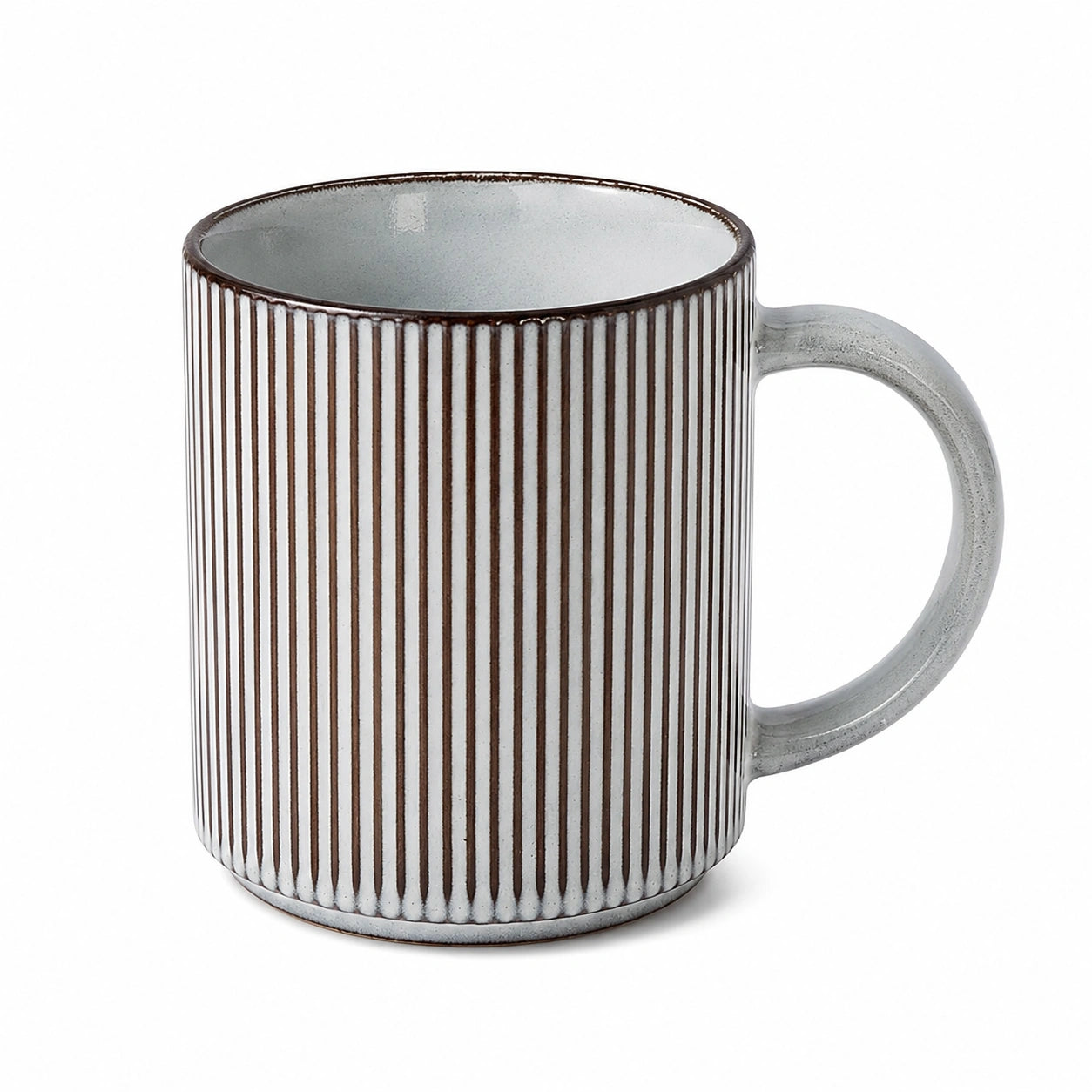 Keramiktasse 350 ml Weiß Braun gerillt mit Henkel für Heißgetränke Durchmesser 8.5 cm Höhe 10 cm
