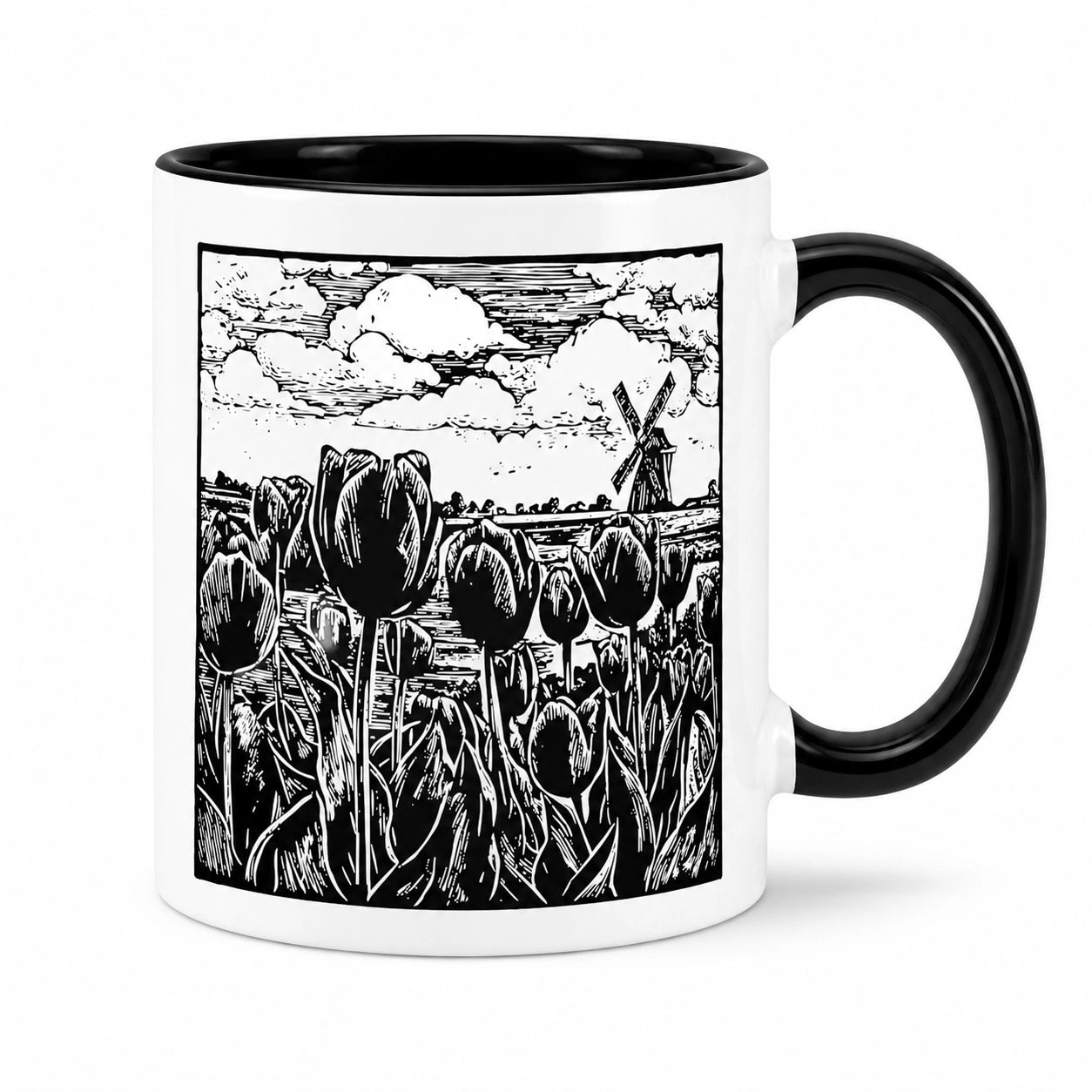 Kaffeetasse 330 ml Keramik Schwarz Weiß mit Tulpenmotiv und Henkel