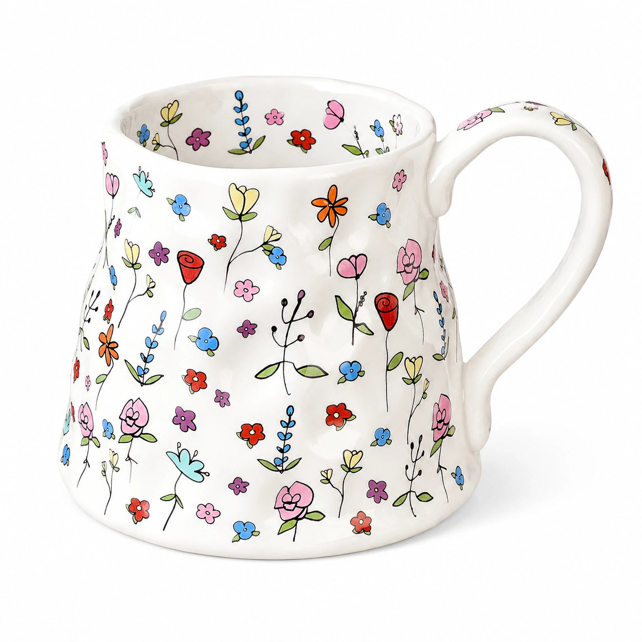Keramiktasse 450 ml Weiß mit buntem Blumenmuster - große Kaffeetasse mit Henkel