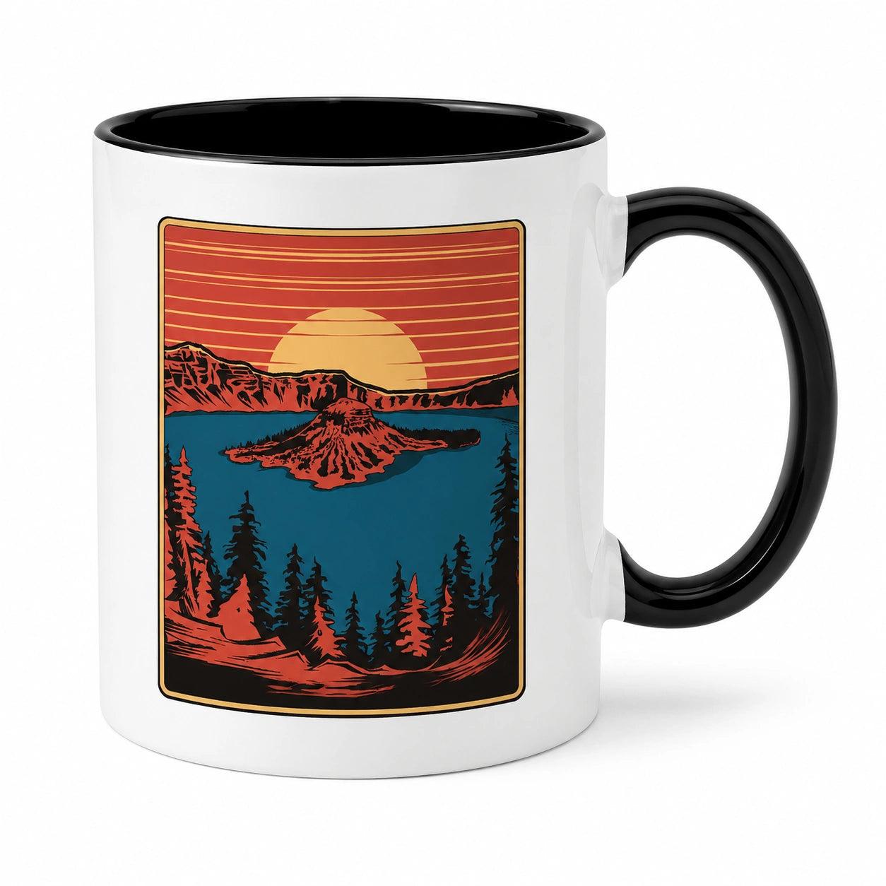 Kaffeetasse 11 cm Keramik Weiß Schwarz mit Landschaftsmotiv und Henkel
