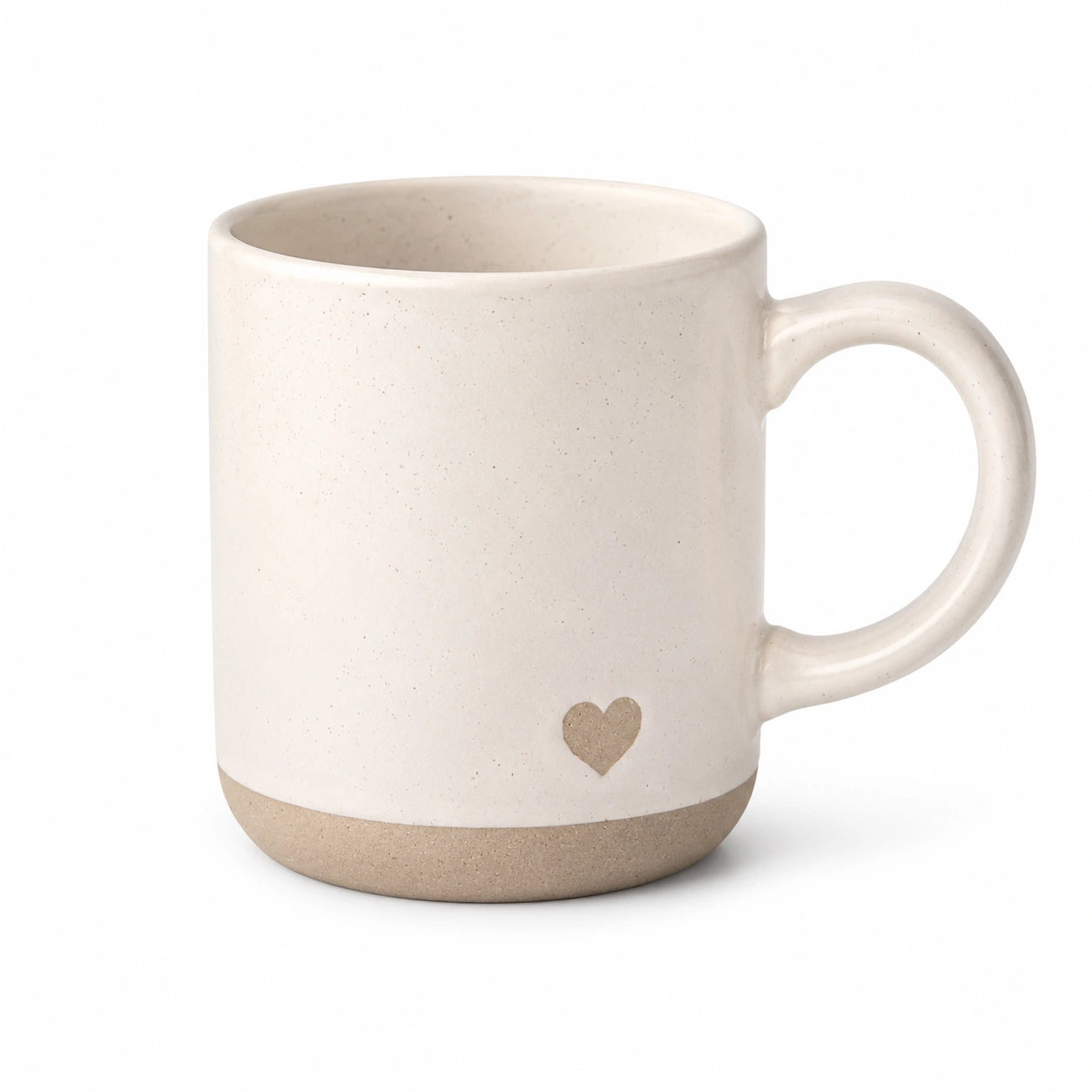 Keramik Kaffeebecher 350 ml 9 cm Cremeweiß mit Herzmotiv rustikaler Henkel