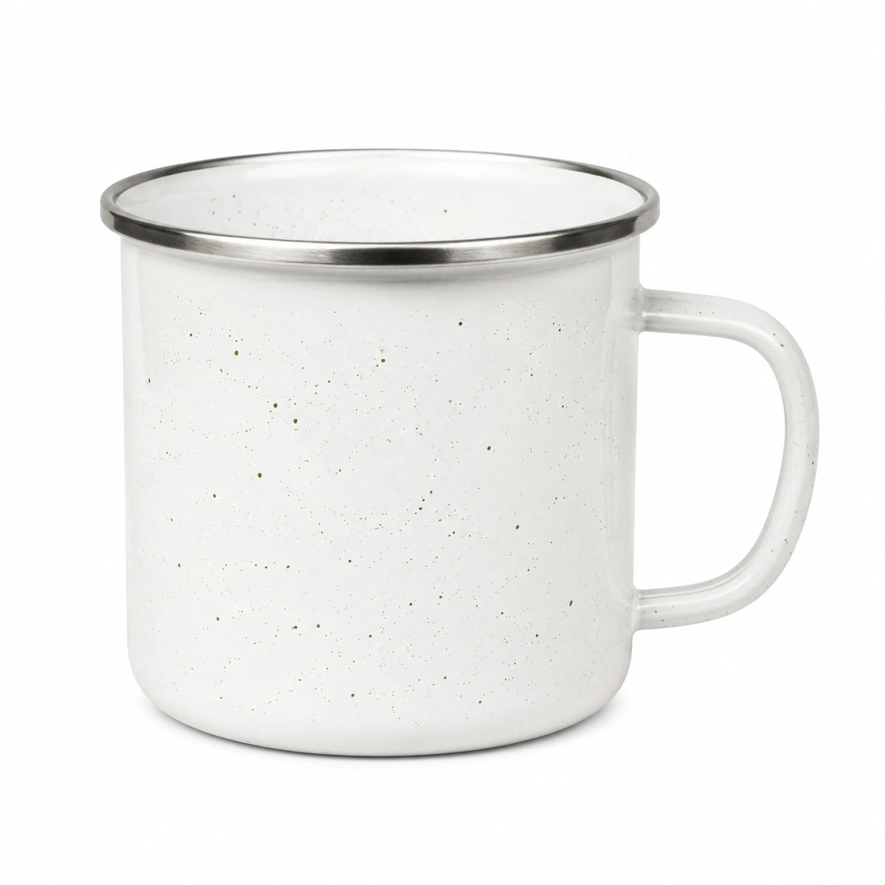 Emaille-Tasse 350 ml Weiß mit grünen Sprenkeln und Metallrand