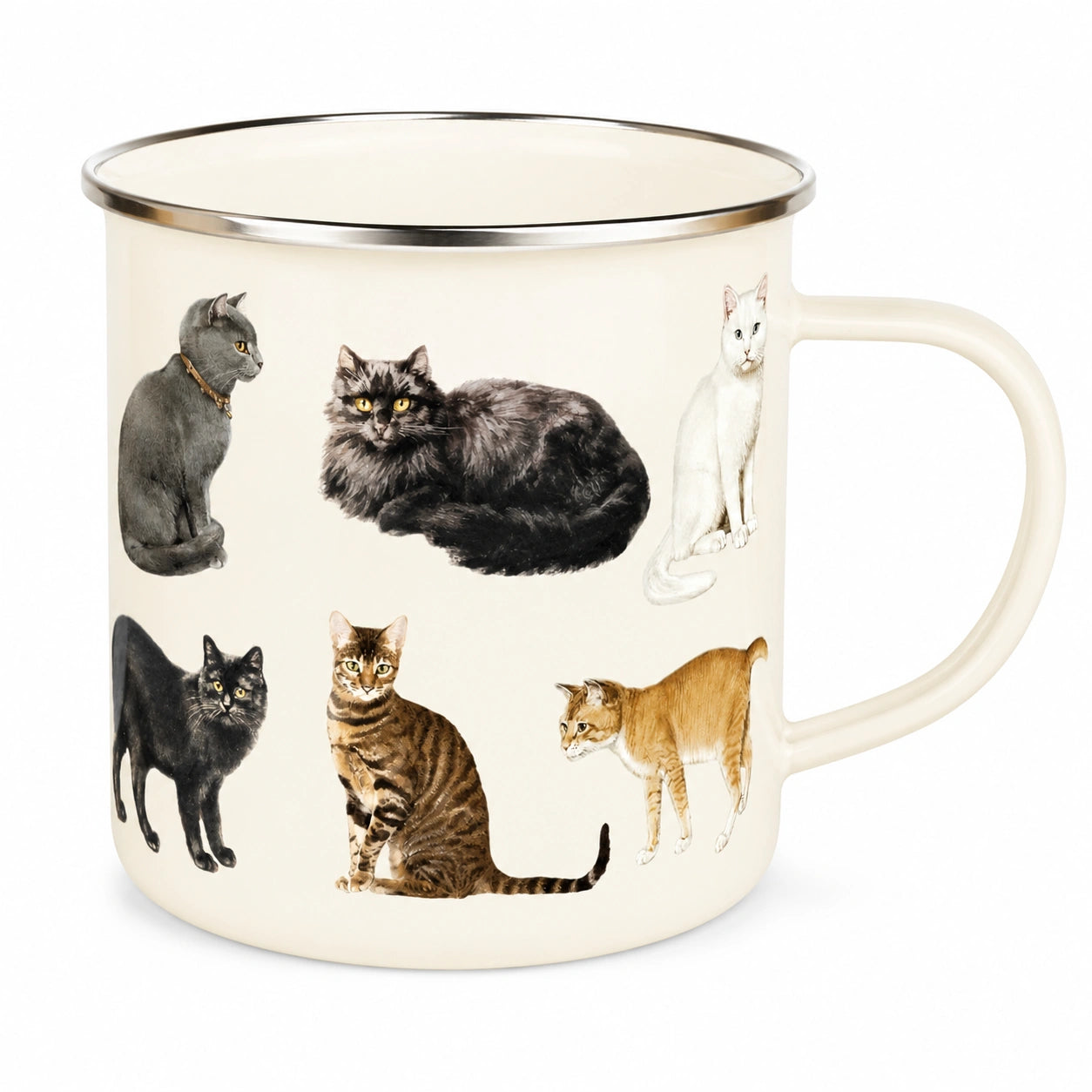 Emaillebecher 350 ml Cremeweiß mit Katzenmotiv Metallrand