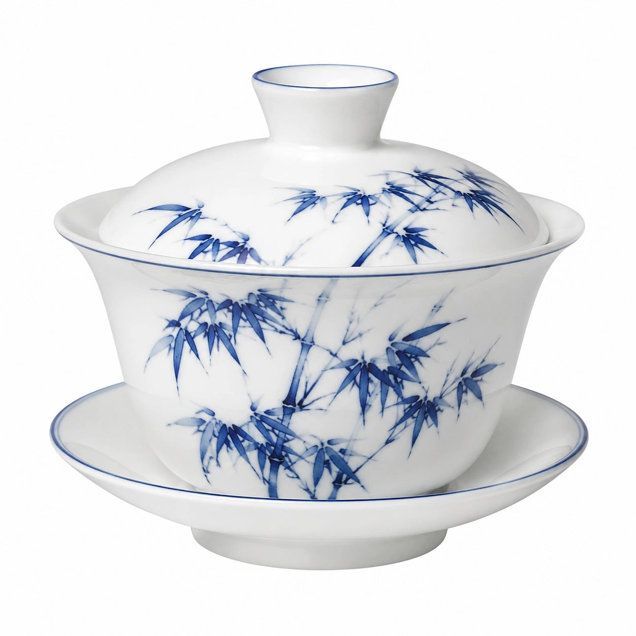 Gaiwan Teetasse 150 ml Porzellan Weiß Blau mit Bambusmotiv und Deckel