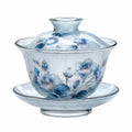 Glas Gaiwan 200 ml Blau Transparent mit Blumenmuster für Teezeremonie