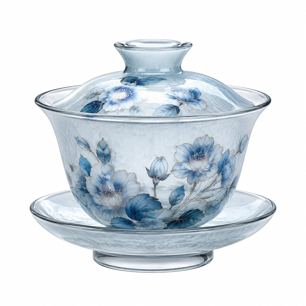 Glas Gaiwan 200 ml Blau Transparent mit Blumenmuster für Teezeremonie