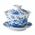 Gaiwan Teeschale 180 ml aus Porzellan Weiß Blau mit Lotusmuster und Deckel