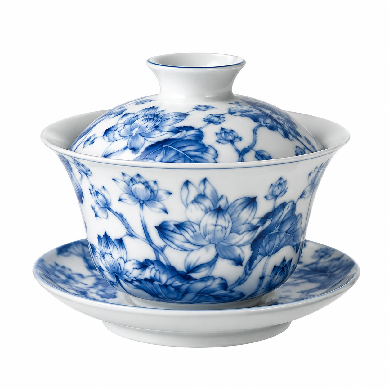 Gaiwan Teeschale 180 ml aus Porzellan Weiß Blau mit Lotusmuster und Deckel