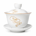 Gaiwan Teetasse 150 ml Porzellan Weiß Goldfarben für losen Tee mit Deckel und Untertasse