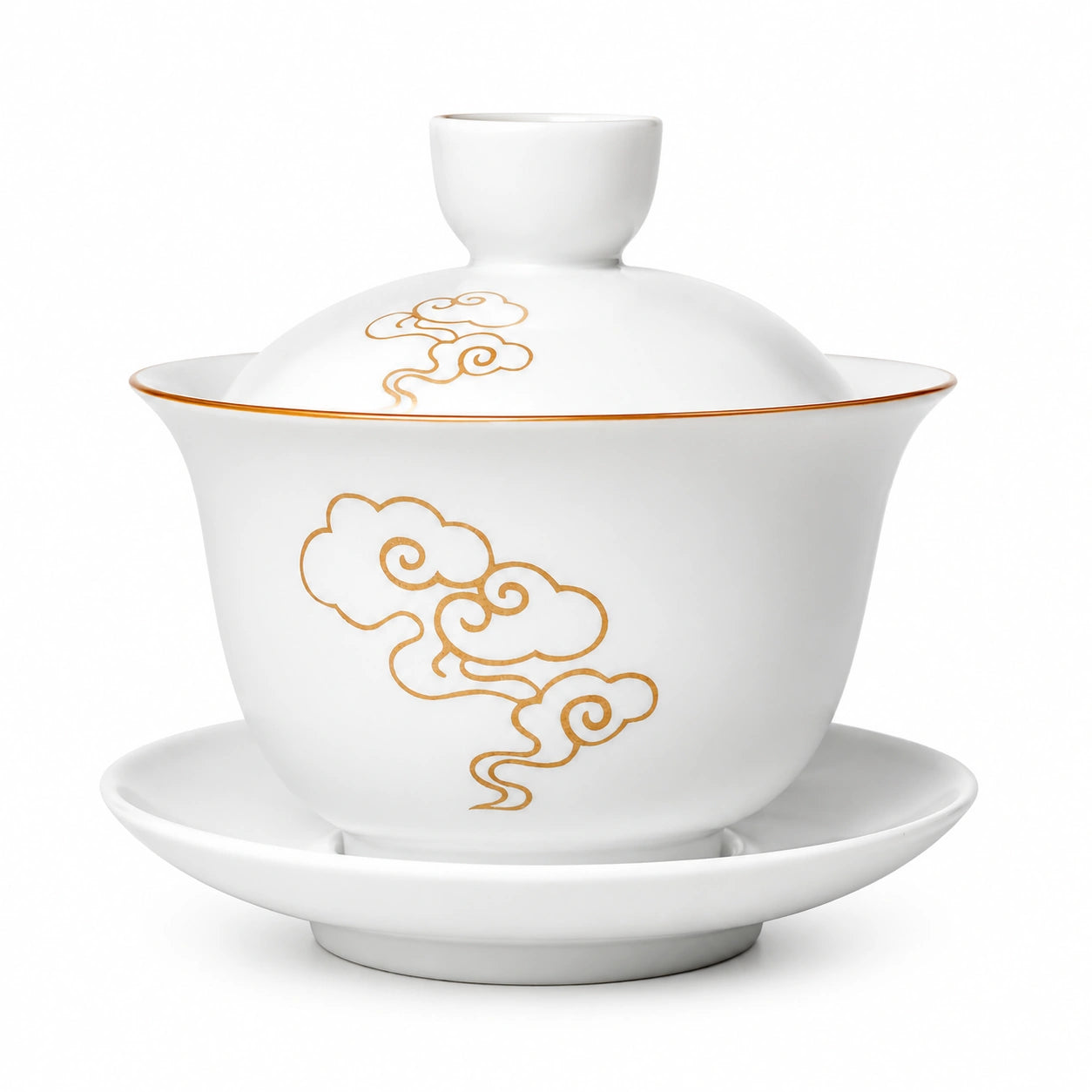 Gaiwan Teetasse 150 ml Porzellan Weiß Goldfarben für losen Tee mit Deckel und Untertasse