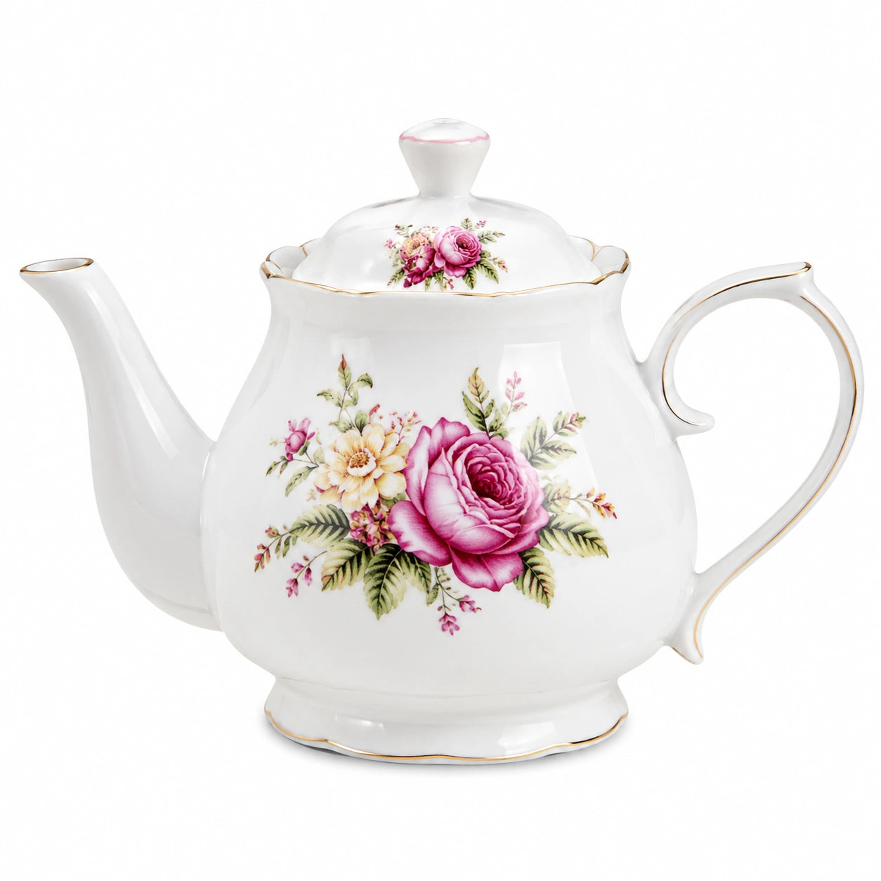 Teekanne 1200 ml Porzellan Weiß mit Blumenmuster und Deckel für Heißgetränke