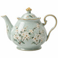 Teekanne 1200 ml Keramik Hellgrün Goldfarben mit Blumendekor klassischer Servierstil