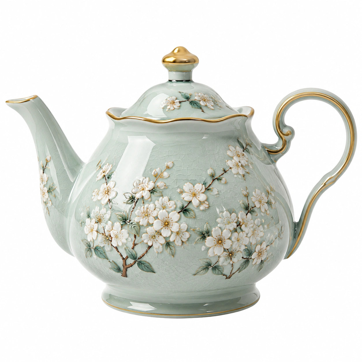 Teekanne 1200 ml Keramik Hellgrün Goldfarben mit Blumendekor klassischer Servierstil