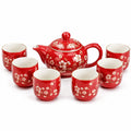 Porzellan Teeservice 7-teilig Teekanne 18 cm Rot Weiß Gold mit Blumenmuster