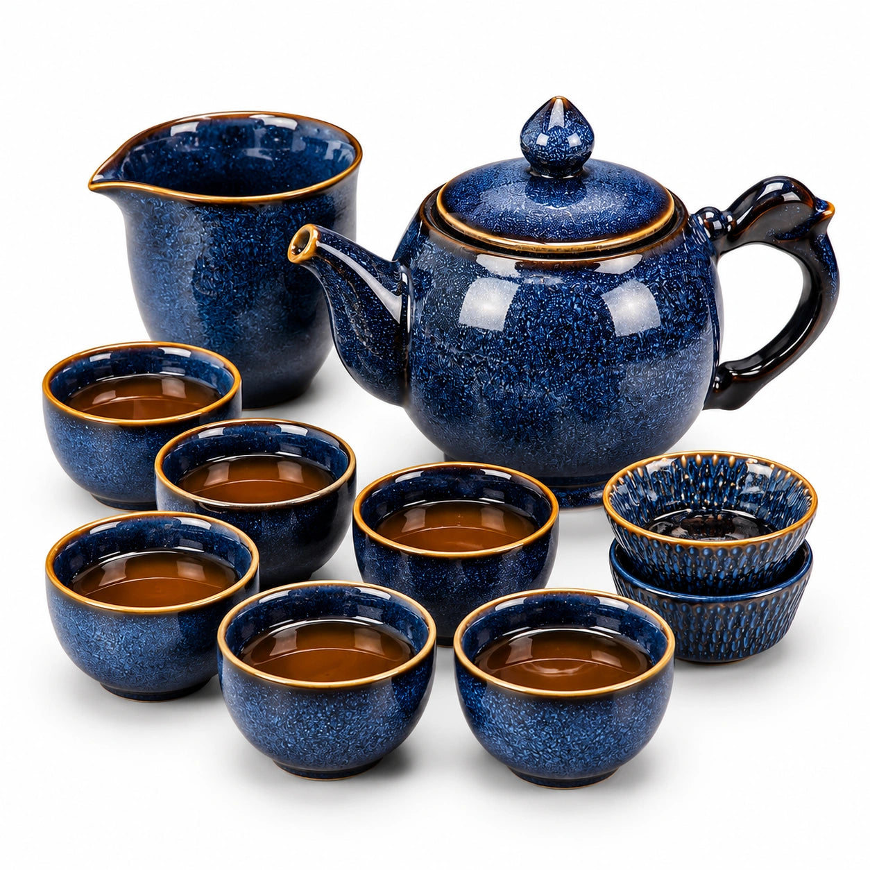 Teeservice 10-teilig 900 ml aus Keramik in Blau mit Goldrand für Tee