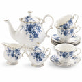 Porzellan Teeservice 15-teilig Weiß Blau mit Blumenmuster und Goldrand