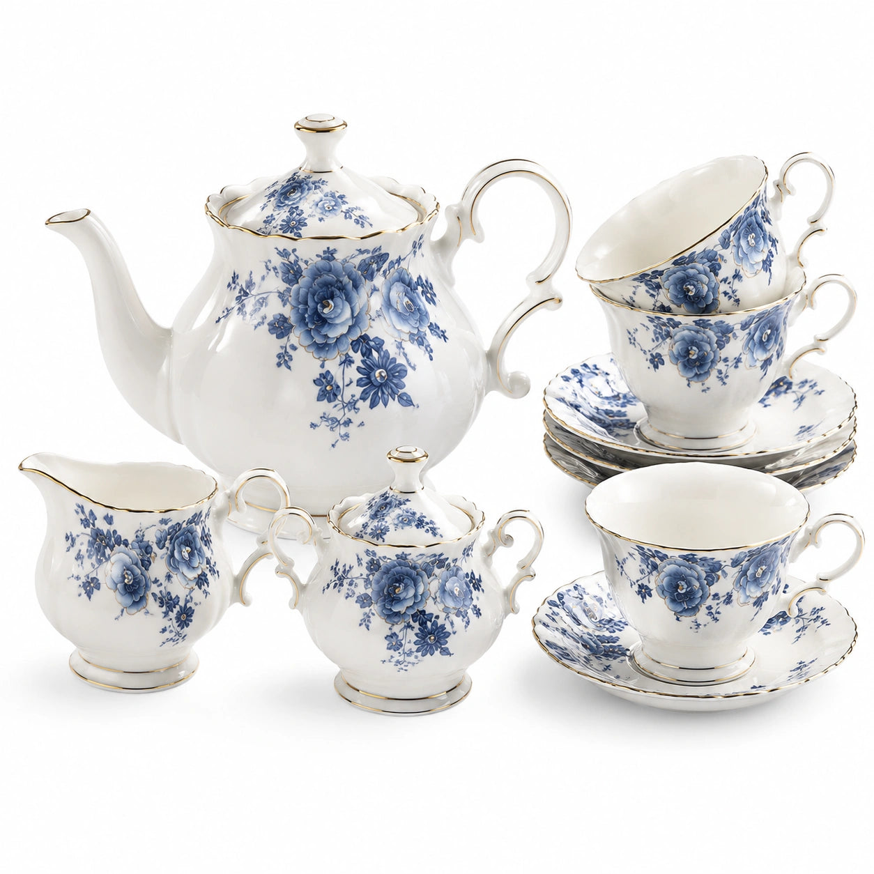 Porzellan Teeservice 15-teilig Weiß Blau mit Blumenmuster und Goldrand
