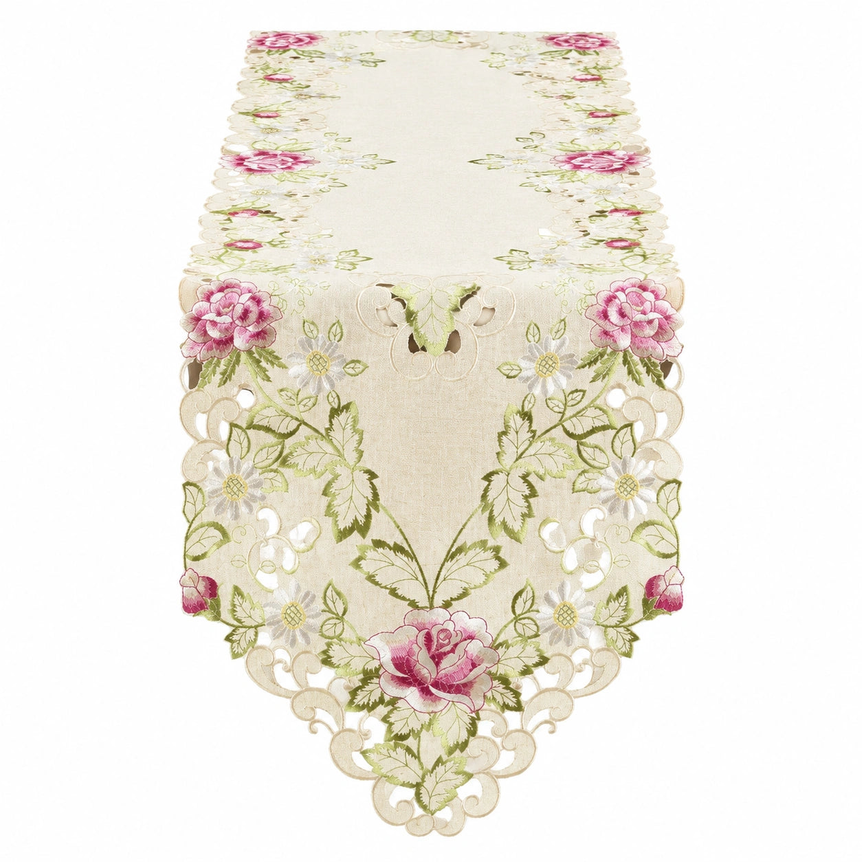 Tischläufer 40x180 cm aus Textil in Beige Rosa Grün Weiß mit Blumenmuster und Spitzenkante