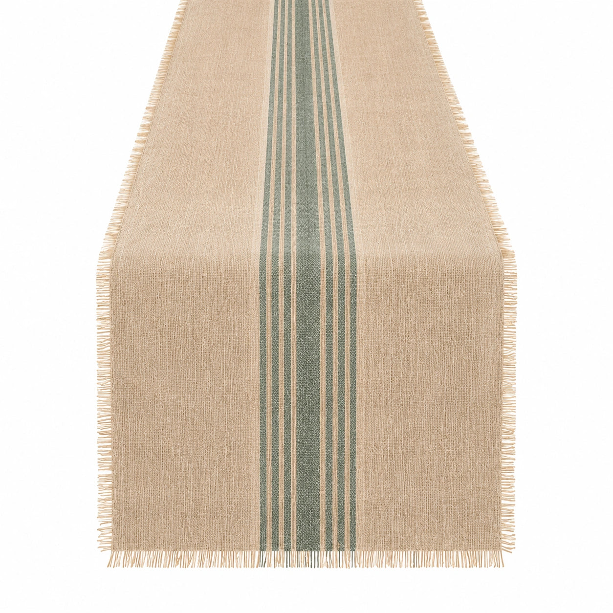 Tischläufer 180 x 40 cm Textil Beige Grün gestreift mit Fransen